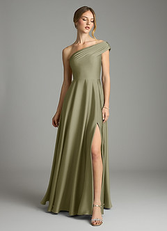 Azazie Melanie Suknie dla druhen Linia A Zza ramienia Satyna elastyczna Do ziemi Sukienka image3