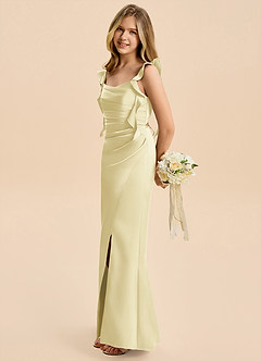 Azazie Jessamine Junior Lemon Sorbet A-Line Ruched Stretch Satin Dress image7