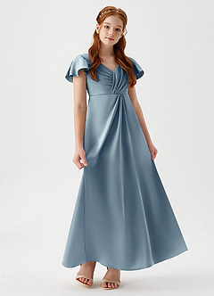 Azazie Soren Junior Dusty Blue A-Line Ruched Stretch Satin Dress image1