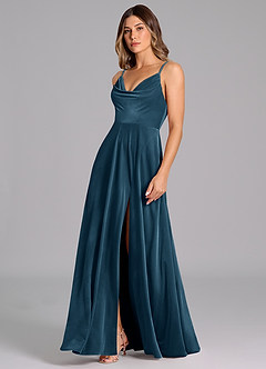 Azazie Sarella Bridesmaid Dresses Blue Topaz A-Line Pleated Velvet Dress image5
