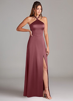 Azazie Elliana Bridesmaid Dresses Desert Rose A-Line Side Slit Stretch Satin Dress image3