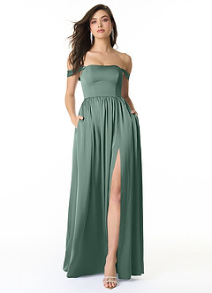 Azazie Morana Bridesmaid Dresses Eucalyptus A-Line Off the Shoulder Stretch Satin Convertible Dress image1