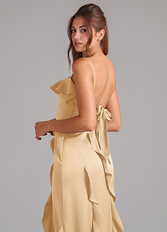 Azazie Malia Bridesmaid Dresses Gold A-Line Side Slit Stretch Satin Dress image2
