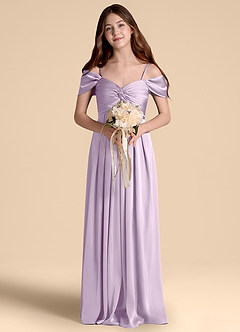 Azazie Kaitlynn Junior Frosted Lilac A-Line Off the Shoulder Stretch Satin Dress image4