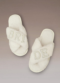 front Fuzzy Pearl Bride Slippers