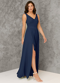 Azazie Kori Bridesmaid Dresses Dark Navy A-Line Pleated Chiffon Dress image1