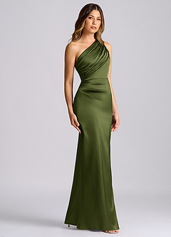 Azazie Akilah Bridesmaid Dresses Olive Mermaid One Shoulder Stretch Satin Dress image3