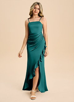 Azazie Buzzy Junior Peacock Sheath Pleated Stretch Satin Dress image5