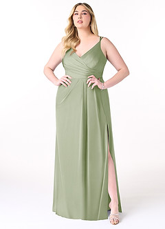 Azazie Aqua Robes de demoiselle d'honneur Robe Trapèze en Satin extensible Col V plissé Vert Sauge image8