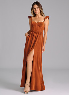 Azazie Denisse Bridesmaid Dresses Burnt Orange A-Line Ruched Velvet Dress image1