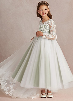 Azazie Elodie vestidos de niña de las flores Vestido de Marfil Pistacho de Encaje de Princesa image5