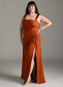 Azazie Jesaphine Robes de demoiselle d'honneur Robe Fourreau en Satin extensible Arc Orange Brûlée image11