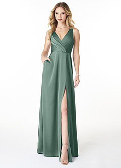 Azazie Nelly Bridesmaid Dresses Eucalyptus A-Line V-Neck Pleated Stretch Satin Dress image1