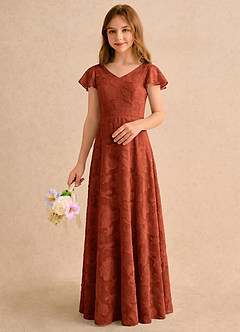 Azazie Narin Girls Formal Flower Girl Dresses Auburn A-Line with Sleeves Floral Burnout Dress image5