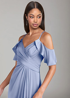 Azazie Dakota Essayer des robes à la maison Robe Trapèze en Satin extensible Épaule décolletée émeraude image5