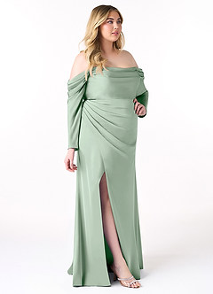 Azazie Hallie Bridesmaid Dresses Agave Sheath Off-The-Shoulder Long Sleeve Stretch Satin Convertible Dress image11