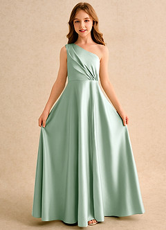 Azazie Puddles Girls Formal vestidos de niña de las flores Vestido de Agave de Satin Mate de Corte en A con Hombro unilateral image5