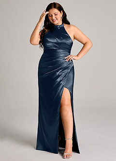 Azazie Jemma Bridesmaid Dresses Dark Navy Sheath Pleated Metallic Satin Dress image8