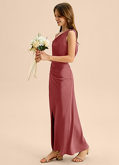 Azazie Madelyn Junior Abito Tubino in Raso Elasticizzato a Spalla Scoperta Rosa Antica image3