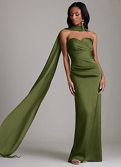 Azazie Sonora Vestidos de damas de honor Vestido de Oliva de Satén Elástico de Corte Recto con Sin tirantes image8