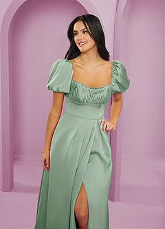 Barbie ♥ Azazie Bridesmaid Dresses Agave A-Line Ruched Stretch Satin Dress image10