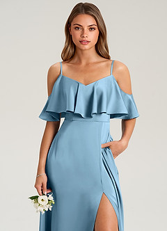 Azazie Jean Bridesmaid Dresses Steel Blue A-Line Off the Shoulder Stretch Satin Dress image6