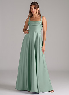 Azazie Shaude Bridesmaid Dresses Agave A-Line Pleated Stretch Satin Dress image2