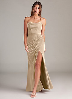 Azazie Leonis Final Sale Champagne Mermaid Strapless Velvet Dress image4