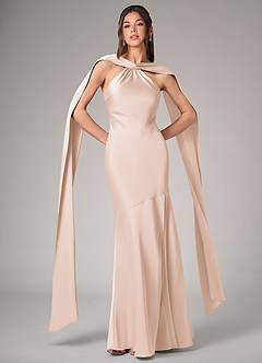 Azazie Kinsley Bridesmaid Dresses Blushing Pink Mermaid Side Slit Stretch Satin Dress image1