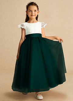 Azazie Pookie Robe Demoiselle D'honneur Fillette Robe Trapèze en Tulle Dentelle Vert Pin image4