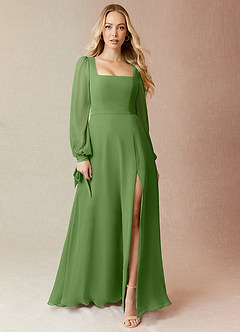 Azazie Leonia Bridesmaid Dresses Basil A-Line Long Sleeve Chiffon Dress image3
