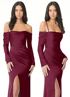 Azazie Hallie Vestidos de damas de honor Vestido de Mora de Satén Elástico de Corte Recto Convertible con Manga larga con hombros descubiertos image8