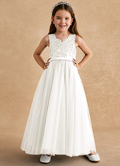 Azazie Cinna Flower Girl Dresses Ivory A-Line Lace Tulle Dress image1