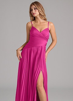 Azazie Vini Bridesmaid Dresses Fuchsia A-Line Pleated Stretch Satin Dress image2