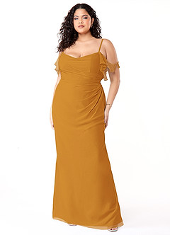 Azazie Emeralda Bridesmaid Dresses Butterscotch Sheath Off the Shoulder Chiffon Dress image7