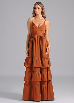 Azazie Nathalia Bridesmaid Dresses Cinnamon A-Line Pleated Stretch Satin Dress image3