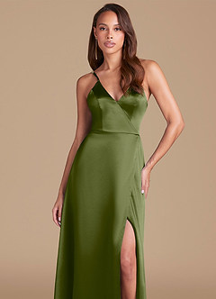 Azazie Maksim Bridesmaid Dresses Olive A-Line Metallic Satin Dress image3