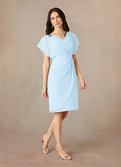 Azazie Julia Mère de la mariée Robes Robe Fourreau en Mousseline de soie Col V plissé Bleu Ciel image2