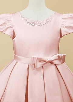 Azazie Jewel Flower Girl Dresses Blushing Pink Ball-Gown Pleated Matte Satin Dress image7
