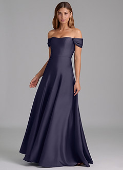 Azazie Seriana 신부 들러리 드레스 A라인 오프 더 숄더 스트레치 새틴 바닥 길이 드레스 image3