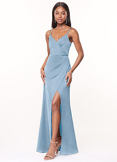 Azazie Maci Brautjungfernkleider A-Linie V-Hals Gefaltet Stretch-Satin Kleid Puderblau image3