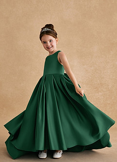 Azazie Sammy vestidos de niña de las flores Vestido de Verde Oscuro de Satin Mate de Corte En A con Encaje image5