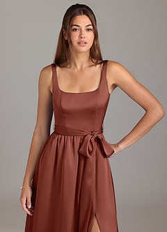 Azazie Elliott Bridesmaid Dresses Auburn A-Line with Pockets Stretch Satin Dress image2