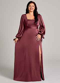 Azazie Leonia Bridesmaid Dresses Merlot A-Line Long Sleeve Stretch Satin Dress image11