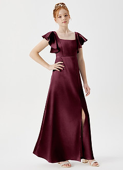 Azazie Bondi Junior Cabernet A-Line Side Slit Metallic Satin Dress image3