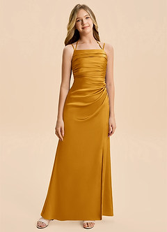 Azazie Nova Junior Butterscotch A-Line Pleated Stretch Satin Dress image6