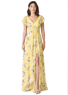 Azazie Omari Robes de demoiselle d'honneur Robe Trapèze en Mousseline de soie Sorbet Au Citron,Fleurs Du Nouvel An image1