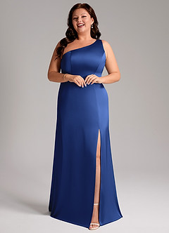 Azazie Phaedra Bridesmaid Dresses Royal Blue A-Line One Shoulder Stretch Satin Dress image13