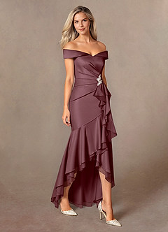 Azazie Billings Moeder van de bruid jurken Zeemeermin Jurk van Stretch Satijn Off the Shoulder Sangria image6