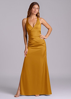 Azazie Amelie Bridesmaid Dresses Butterscotch A-Line Pleated Stretch Satin Dress image5